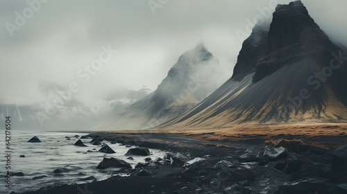 Rocky lake next to mountains covered in fog, yellow and black