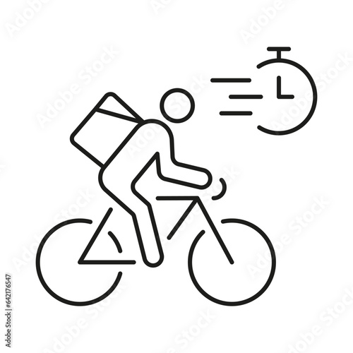 Courier On Bike Line Icon. Express Delivery Service Linear Pictogram. Fast Shipping of Food or Goods Outline Symbol. Speed Deliveryman on Bicycle Sign. Editable Stroke. Isolated Vector Illustration