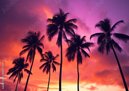 "Palm Tree Silhouettes in the Sunset's Glow". Digital poster. Generative AI. © Metodi