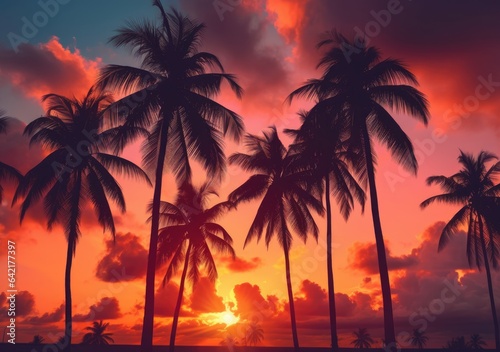 "Vibrant Sunset Behind Palm Tree Silhouettes". Digital poster. Generative AI. © Metodi