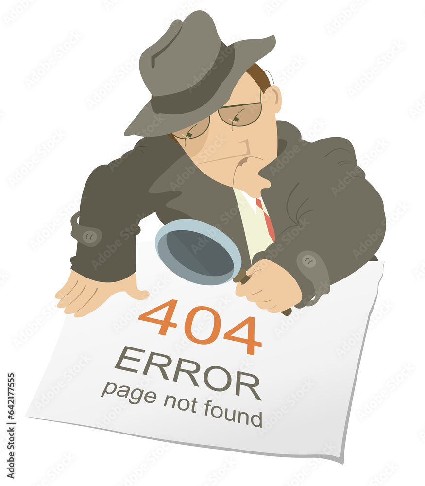 Error 404 page not found concept illustration. Webpage banner. 
A detective man holding a loupe trying to find a lost page. Template for web site
