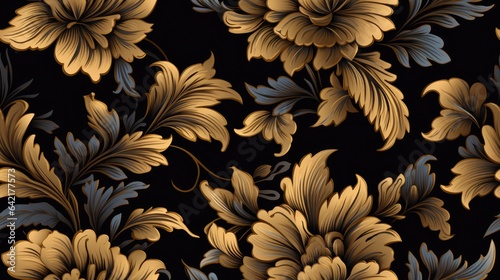 Damask seamless pattern for the luxury wallpaper market golden elements on a black background.