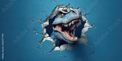 Cute T-Rex peeking out of a hole in wall  torn hole  empty copy space frame  mockup. Generative AI image weber.