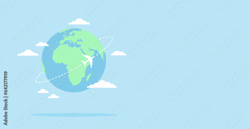 Planet Earth with an airplane flying around it and clouds on a blue background with copy space. Flat vector illustration