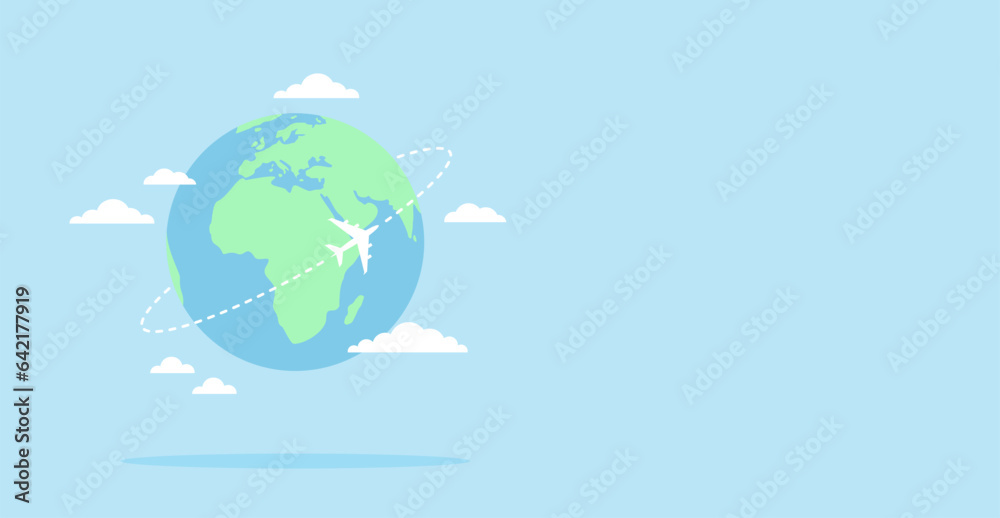 Planet Earth with an airplane flying around it and clouds on a blue ...