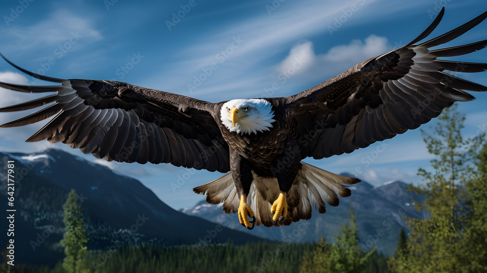In this stunning image, a bald eagle takes flight against a clear blue Alaskan sky. The high-detail photography captures the intricate details of the eagle's feathers. In this stunning image, a bald eagle takes flight against a clear blue Alaskan sky. The high-detail photography captures the intricate details of the eagle's feathers.