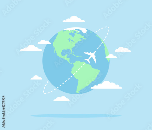 Planet Earth with an airplane flying around it and clouds on a blue background. Flat vector illustration