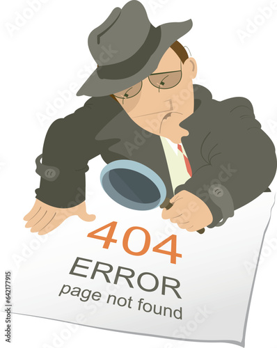 Error 404 page not found concept illustration. Webpage banner. 
A detective man holding a loupe trying to find a lost page. Template for web site
