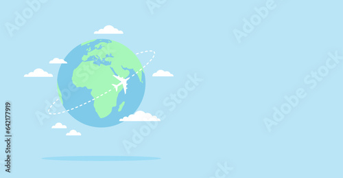 Planet Earth with an airplane flying around it and clouds on a blue background with copy space. Flat vector illustration