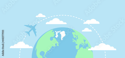 Earth globe with an airplane flying around it and clouds on a blue background. Flat vector illustration
