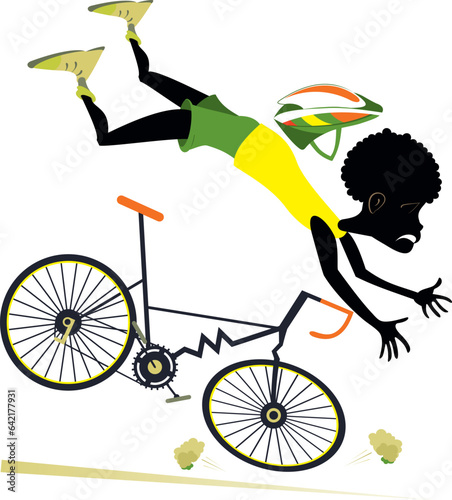 African cyclist falling down from the bicycle. 
Cycling young African man falling down from the bicycle. Isolated on white background

