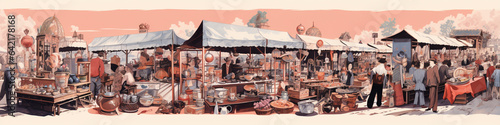A Risograph Illustration of a Bustling Flea Market with Exaggerated Antiques