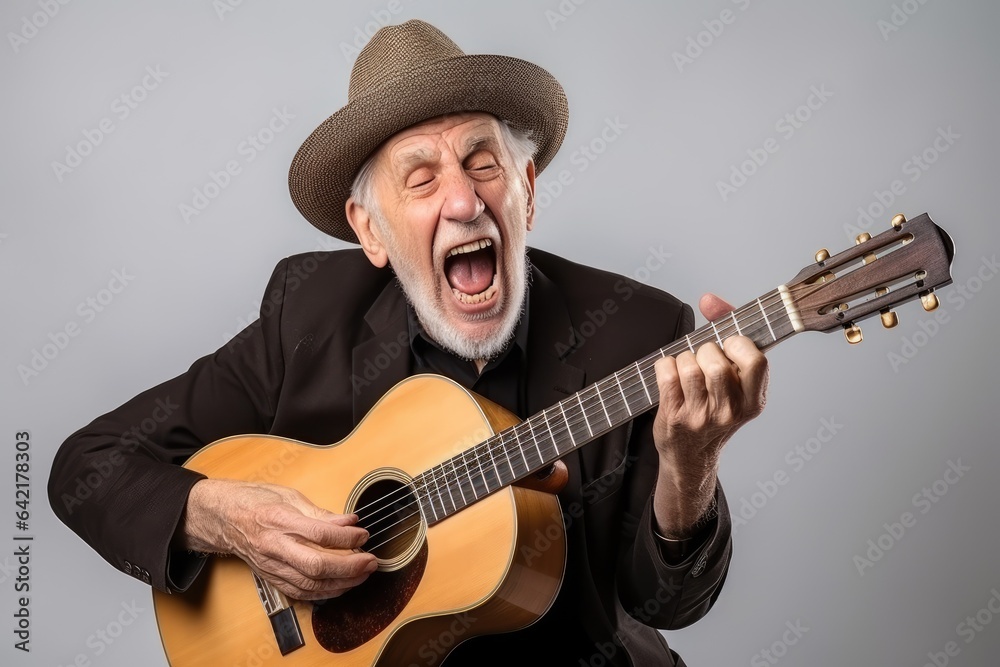 Funny and ridiculous elderly man playing guitar and singing a song. Generative AI Funny and ridiculous elderly man playing guitar and singing a song. Generative AI