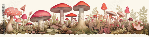 A Risograph Illustration of Exaggerated Mushrooms in a Fairy Circle