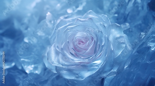 Frozen ice blue rose flower, cold winter's chill freeze, translucent crystal petals - generative ai 