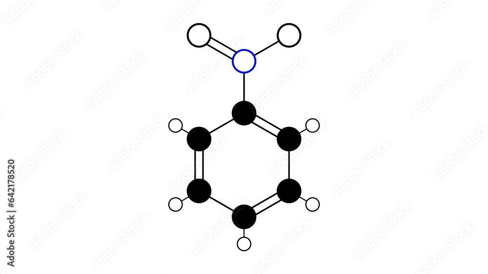 nitrobenzene molecule, structural chemical formula, ball-and-stick model, isolated image nitro solvents