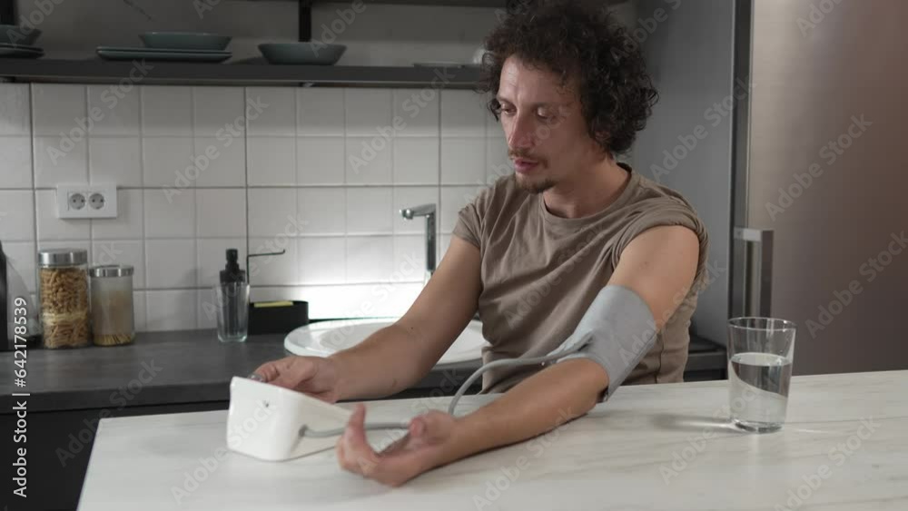 one adult caucasian man measure check blood pressure at home alone