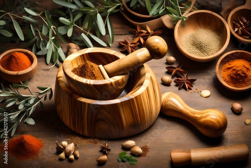 Fényképezés wooden mortar and pestle with spices and herbs