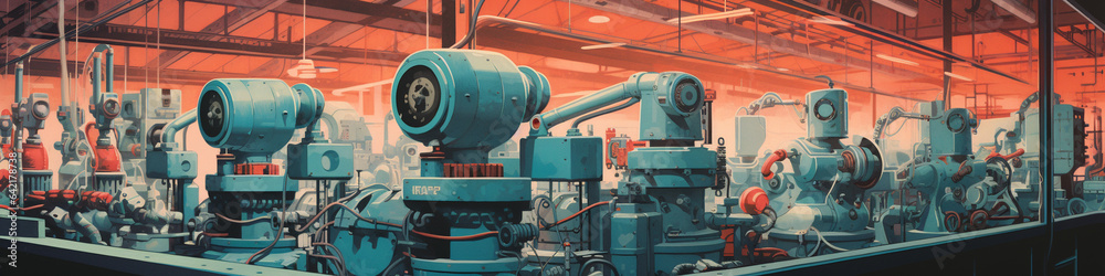 A Risograph Illustration of Grainy, Vintage Robots in a Factory