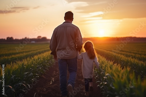 Dad and daughter walk along the corn field at sunset. Farm life concept. © serperm73