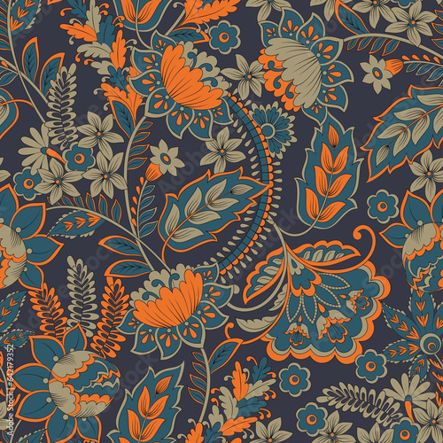Paisley vector seamless pattern. Fantastic flower, leaves. Batik style painting. Vintage background