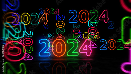 2024 year symbol neon light 3d illustration