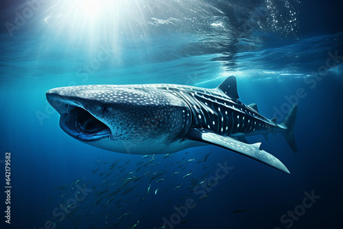 Underwater view of a great whale shark.