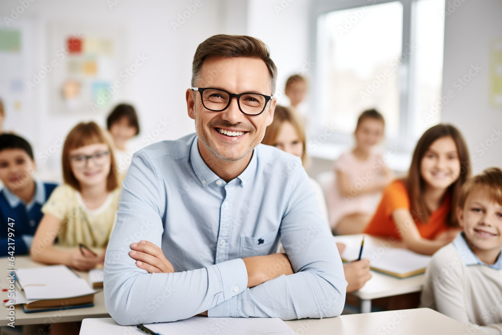 A smiling young teacher takes a selfie in front of a class with pupils.