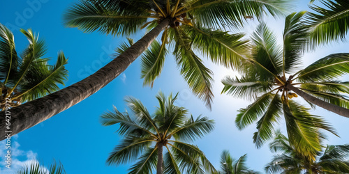 Low angle view, palm trees against the blue sky as a backdrop.