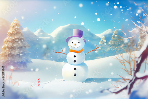 Illustration of a cheerful snowman standing on the snow in a winter forest. © serperm73