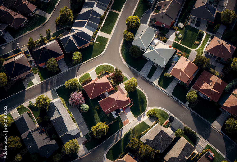 Drone aerial view over suburban houses in a residential blocks. AI