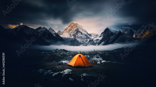  Glowing orange tent camping in the mountains in front of majestic mountain range