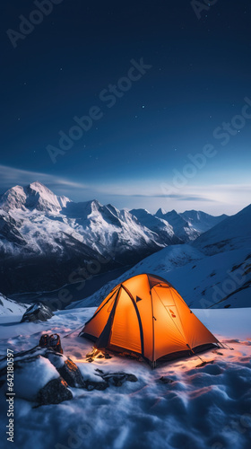 Orange tent on snow high up in the mountains at night © IBEX.Media
