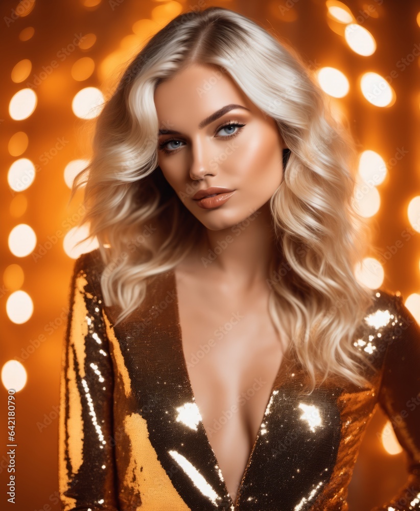 a woman with blonde hair and blue eyes posing for a picture in front of a gold background with lights