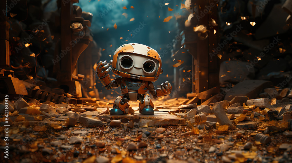 A Funny Technological Robot Is Walking On A Fantasy Planet. Animation On The Theme Of Space And Technology, Fantasy And Fairy Tales, Cartoons And Animation.  Generative AI