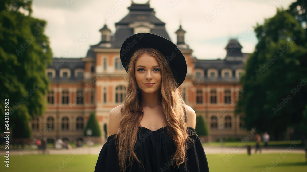 Fototapeta premium Generative AI, young handsome student, university graduate, professor on the background of the college, black gown and academic cap, researcher, joyful emotions, smile, architecture