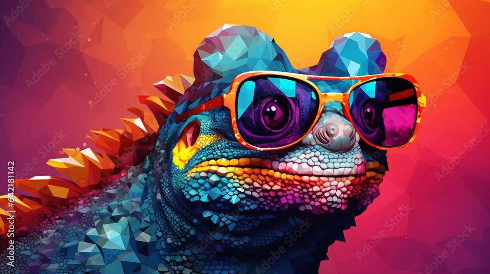 3D rendering of a chameleon wearing sunglasses against a solid background.