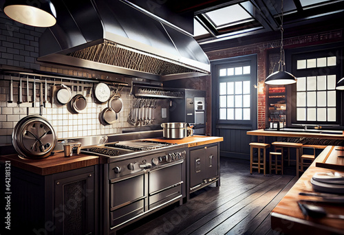 Spacious beautiful professional kitchen in a restaurant or food factory. Metal counters and work tables, electric stoves and cutting boards on the walls. AI generative.