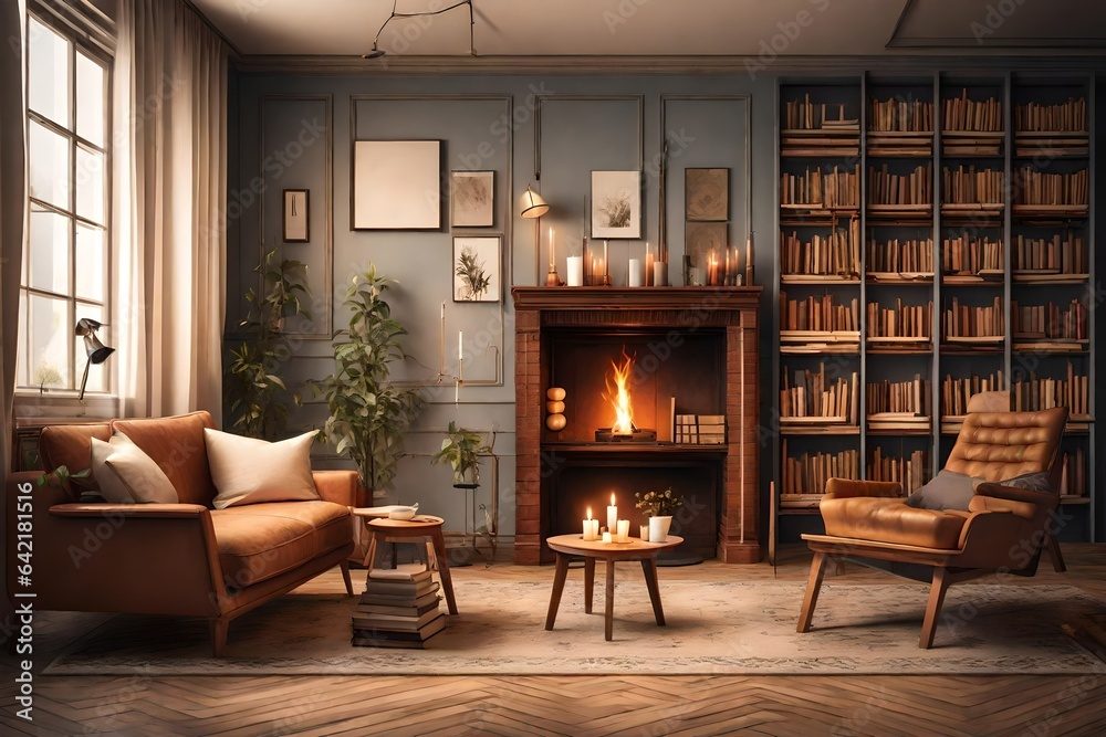 Fototapeta premium Fireside Elegance: A Cozy Living Room with a Fireplace, Flickering Candles, and Enchanting Bookshelves