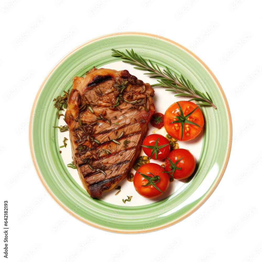 Grilled shoulder with chives and tomato on transparent backgrounden plate served on black plate