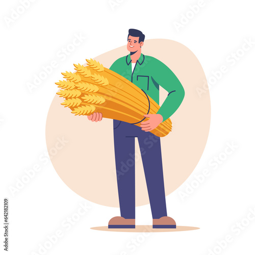 Farming and agriculture. Farmer male character holding freshly harvested wheat. Vector illustration for mobile and web graphics.