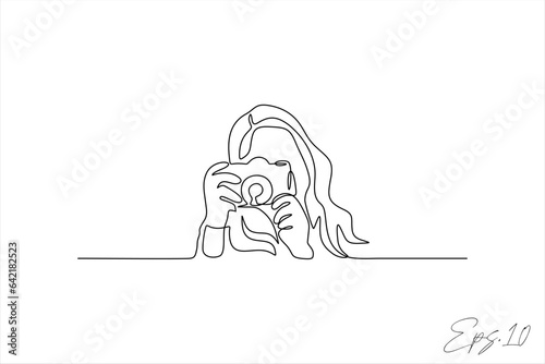 vector illustration continuous line of woman photographing