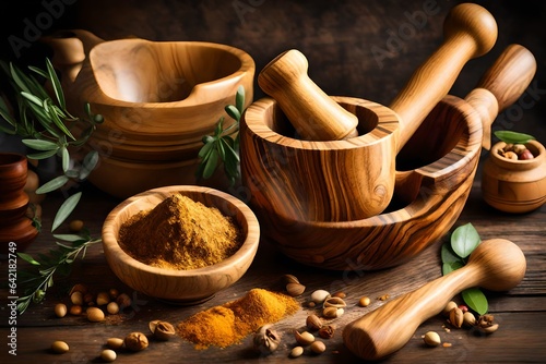 wooden mortar and pestle with spices