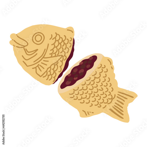 半分に割った粒あんのたい焼き手描きカラーイラスト