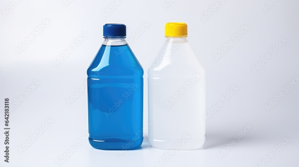 two different colored bottles with some cleaning soap two different colored bottles with some cleaning soap