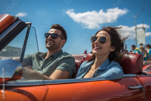 Happy young couple driving in convertible car on road trip. Man and woman laughing and having fun together. Beautiful young woman with flying hair in the air. 