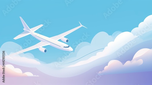 Airplane flying in the blue sky. Simple clip art of an aircraft passing through the clouds. Airliner flying in the beautiful blue sky. Vector illustration of a passenger plane. Travel Concept.