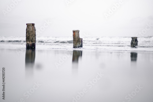 Beach groynes in the wet sand at Sandown beach, Isle of Wight