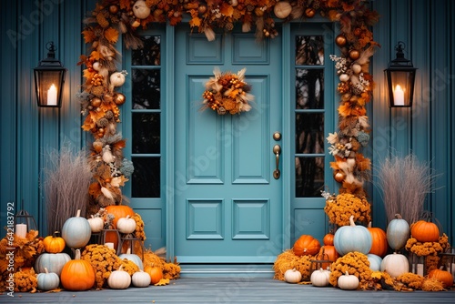 Front door with thanksgiving autumnal decorations in light blue and orange tones