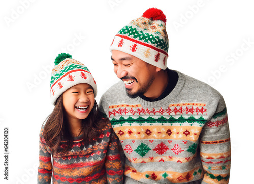Asian American father enjoying Christmastime with her little daughter on white transparent background